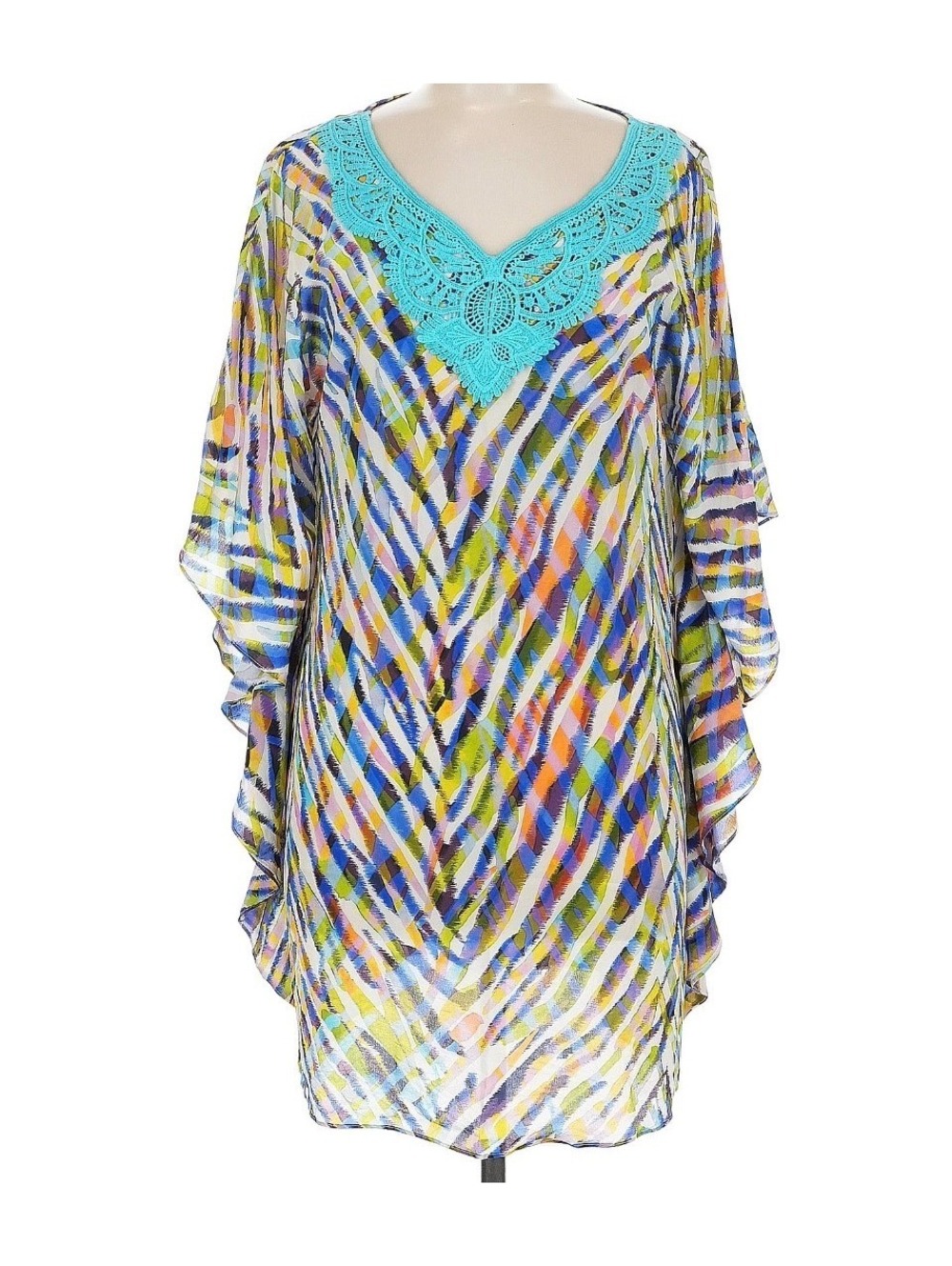 Trina Turk size 6 multi-color tunic with Blue crochet neckline